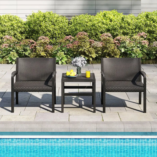 3 Piece Patio Furniture Set with 2 Modern Rattan Armchair and 25 Inch Squire Side Table-Black - Black - Patio