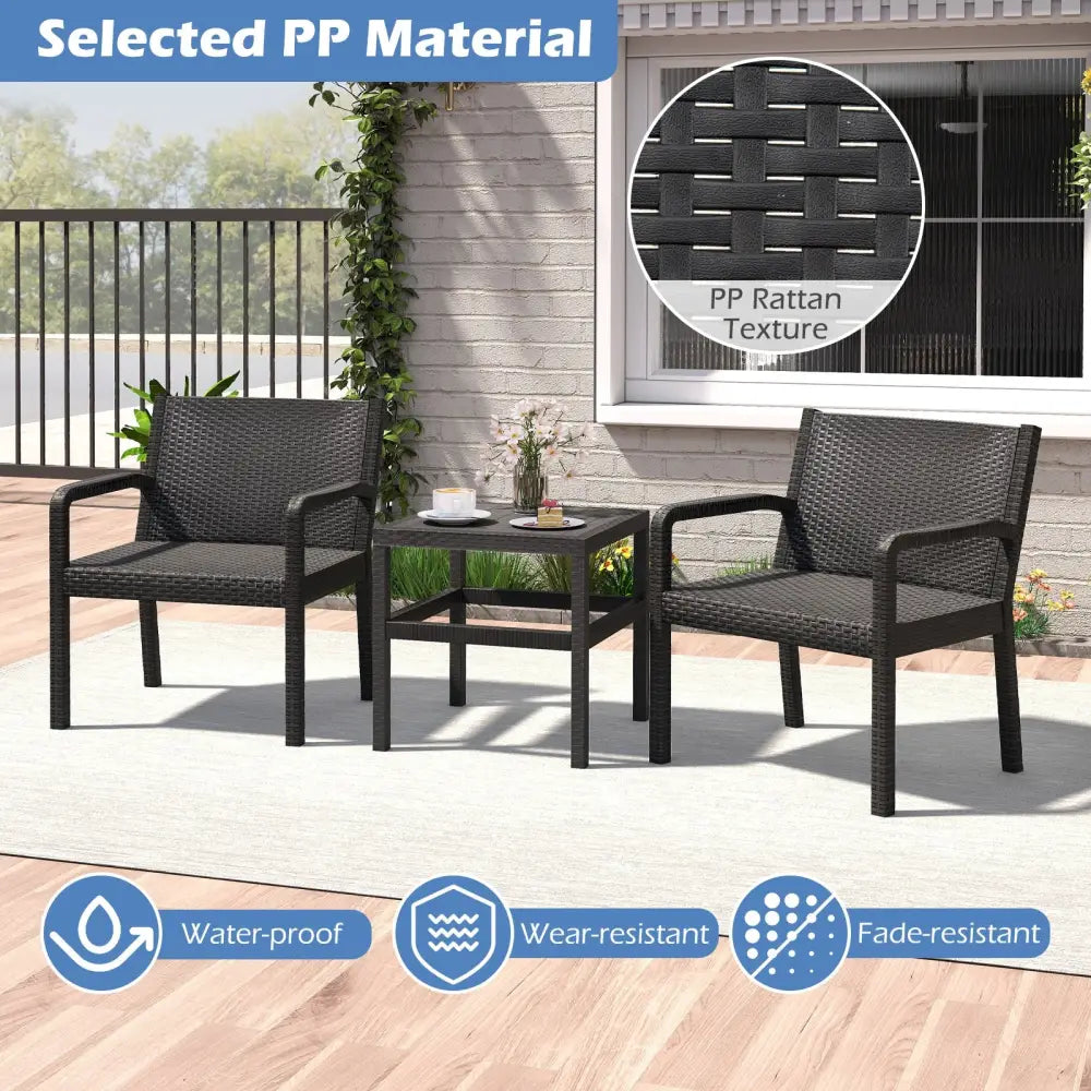 3 Piece Patio Furniture Set with 2 Modern Rattan Armchair and 25 Inch Squire Side Table-Black - Black - Patio