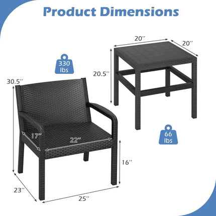 3 Piece Patio Furniture Set with 2 Modern Rattan Armchair and 25 Inch Squire Side Table-Black - Black - Patio