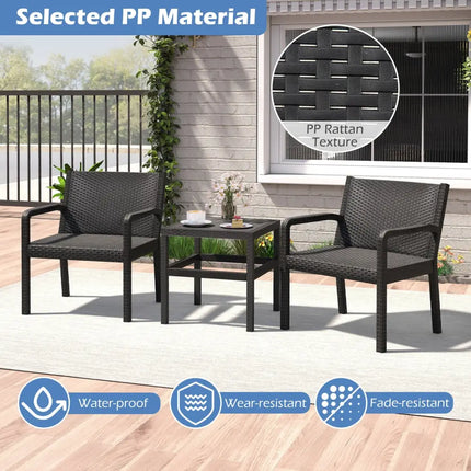 3 Piece Patio Furniture Set with 2 Modern Rattan Armchair and 25 Inch Squire Side Table-Black - Black - Patio
