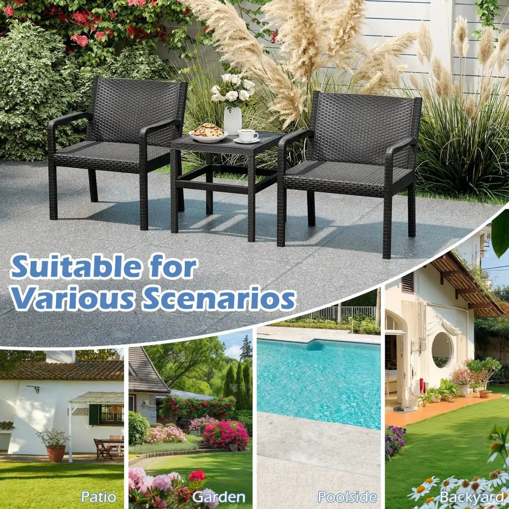 3 Piece Patio Furniture Set with 2 Modern Rattan Armchair and 25 Inch Squire Side Table-Black - Black - Patio