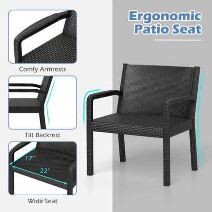 3 Piece Patio Furniture Set with 2 Modern Rattan Armchair and 25 Inch Squire Side Table-Black - Black - Patio