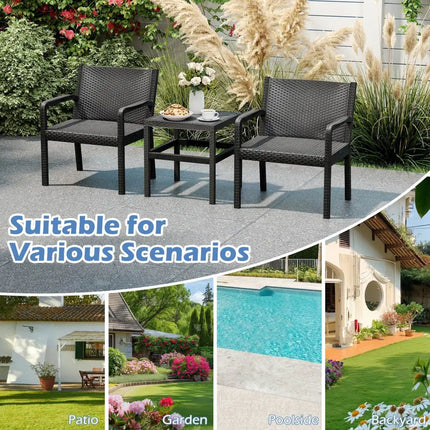 3 Piece Patio Furniture Set with 2 Modern Rattan Armchair and 25 Inch Squire Side Table-Black - Black - Patio