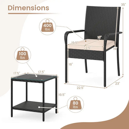 3 Piece Patio Furniture Set with Seat Cushions and Tempered Glass Tabletop-Beige - Beige - Patio Conversation Sets