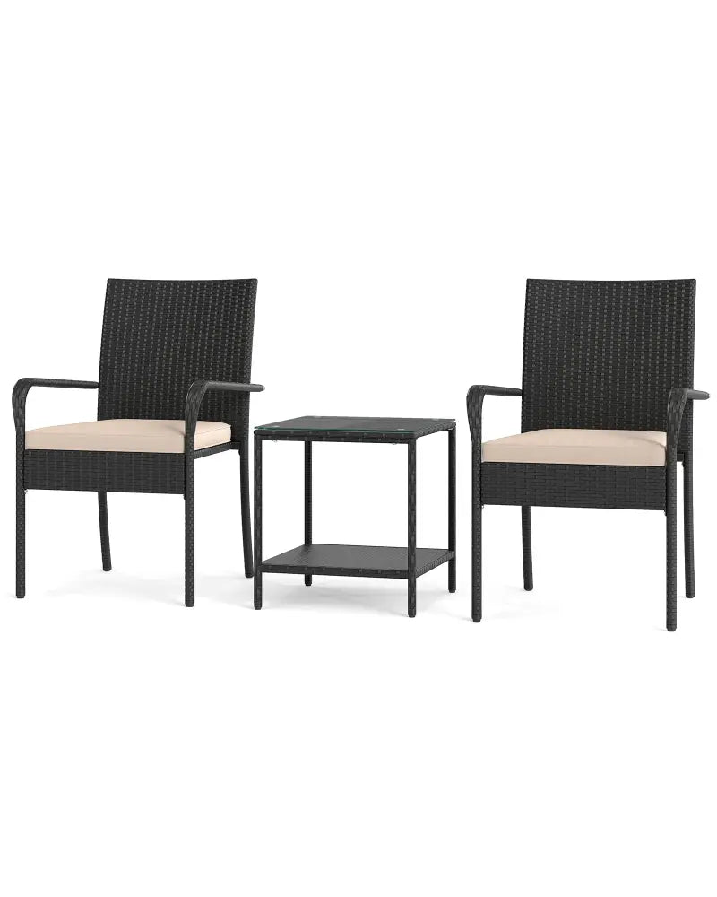 3 Piece Patio Furniture Set with Seat Cushions and Tempered Glass Tabletop-Beige - Beige - Patio Conversation Sets