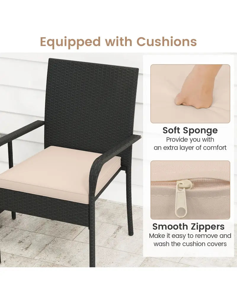 3 Piece Patio Furniture Set with Seat Cushions and Tempered Glass Tabletop-Beige - Beige - Patio Conversation Sets