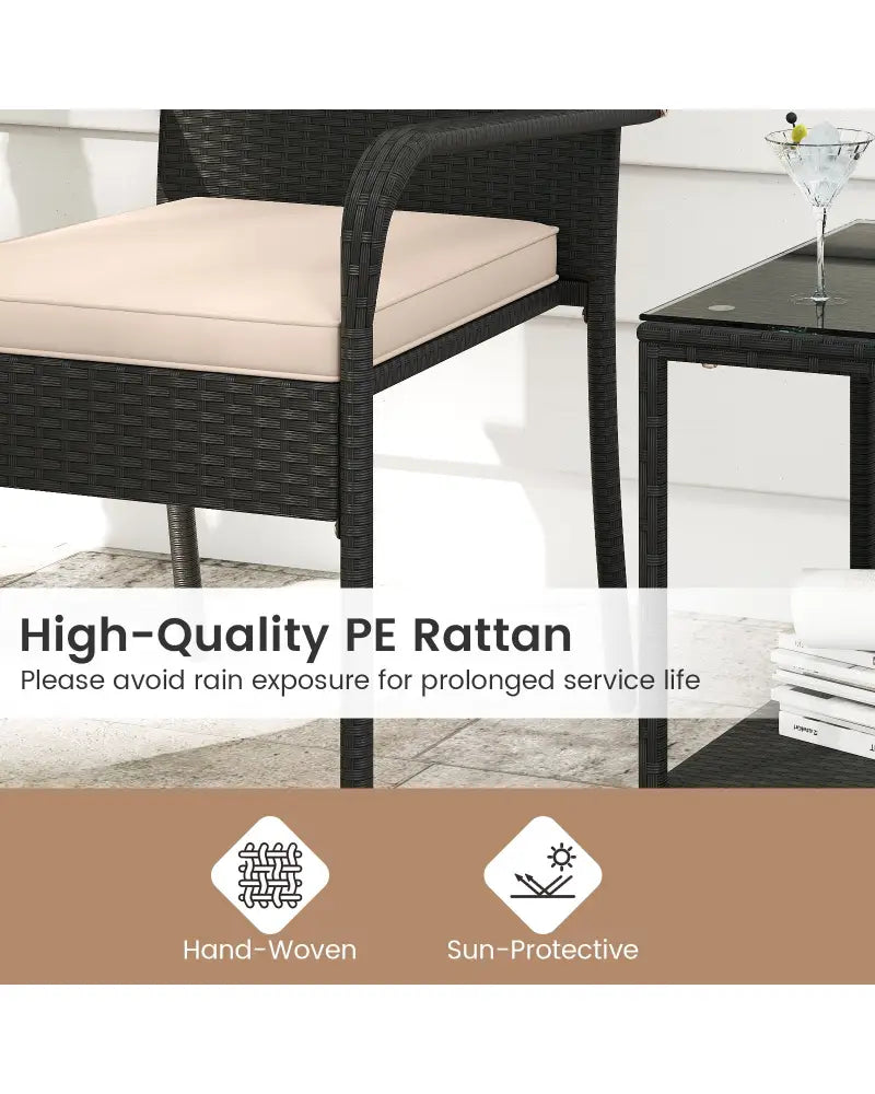 3 Piece Patio Furniture Set with Seat Cushions and Tempered Glass Tabletop-Beige - Beige - Patio Conversation Sets