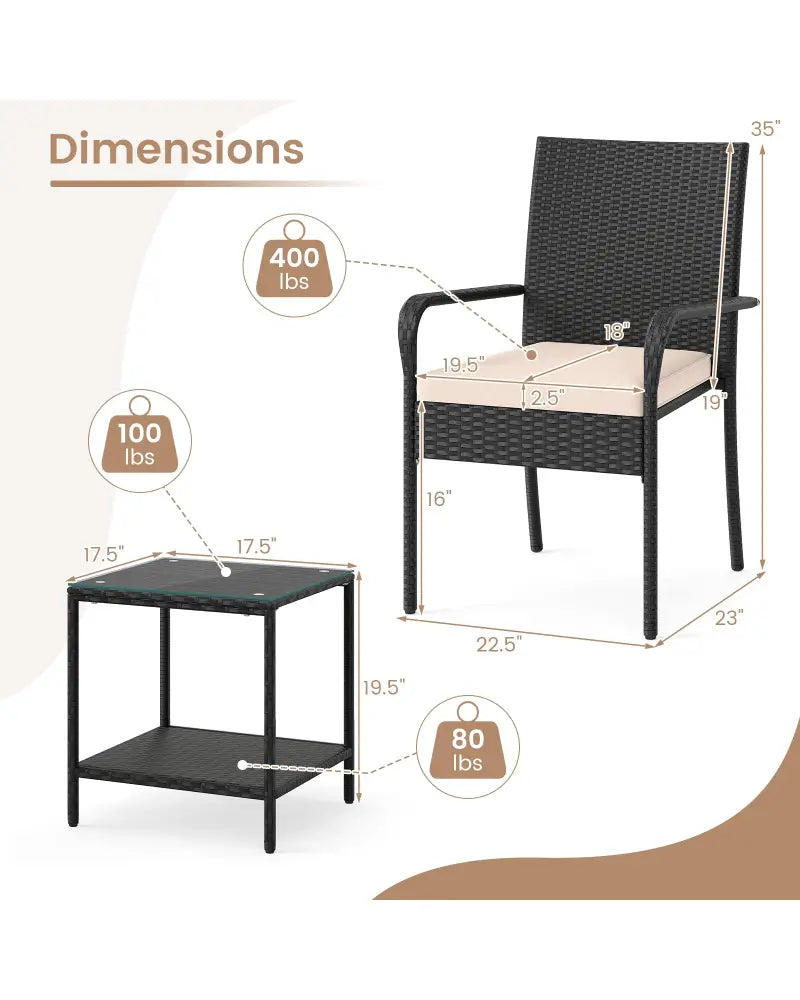 3 Piece Patio Furniture Set with Seat Cushions and Tempered Glass Tabletop-Beige - Beige - Patio Conversation Sets