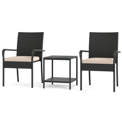 3 Piece Patio Furniture Set with Seat Cushions and Tempered Glass Tabletop-Beige - Beige - Patio Conversation Sets