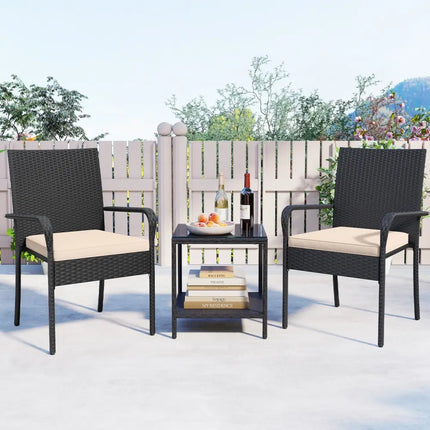 3 Piece Patio Furniture Set with Seat Cushions and Tempered Glass Tabletop-Beige - Beige - Patio Conversation Sets