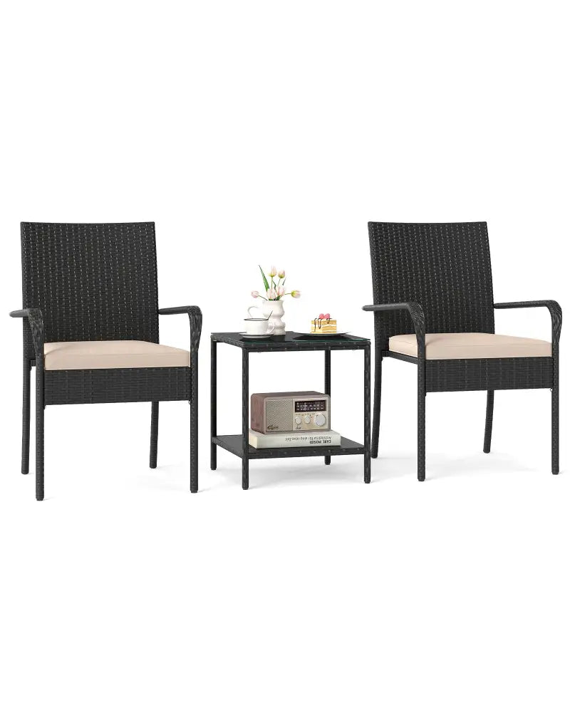 3 Piece Patio Furniture Set with Seat Cushions and Tempered Glass Tabletop-Beige - Beige - Patio Conversation Sets