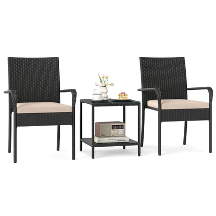 3 Piece Patio Furniture Set with Seat Cushions and Tempered Glass Tabletop-Beige - Beige - Patio Conversation Sets