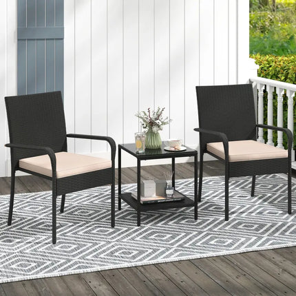 3 Piece Patio Furniture Set with Seat Cushions and Tempered Glass Tabletop-Beige - Beige - Patio Conversation Sets