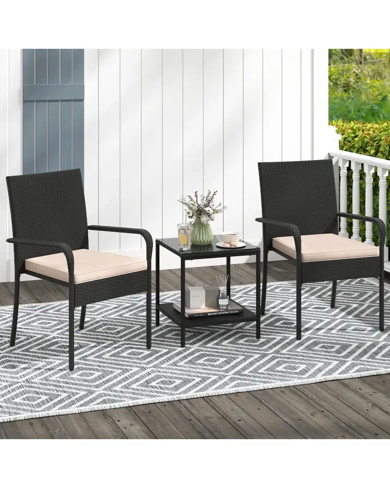 3 Piece Patio Furniture Set with Seat Cushions and Tempered Glass Tabletop-Beige - Beige - Patio Conversation Sets