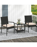 3 Piece Patio Furniture Set with Seat Cushions and Tempered Glass Tabletop-Beige - Beige - Patio Conversation Sets