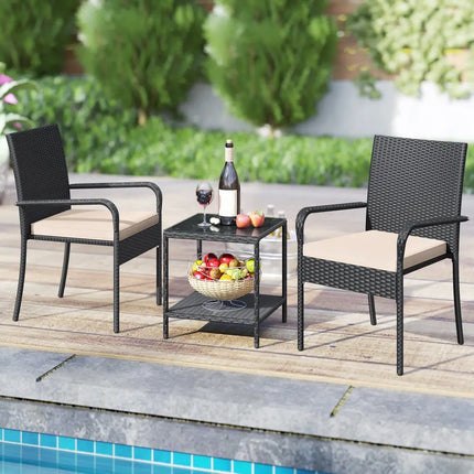 3 Piece Patio Furniture Set with Seat Cushions and Tempered Glass Tabletop-Beige - Beige - Patio Conversation Sets