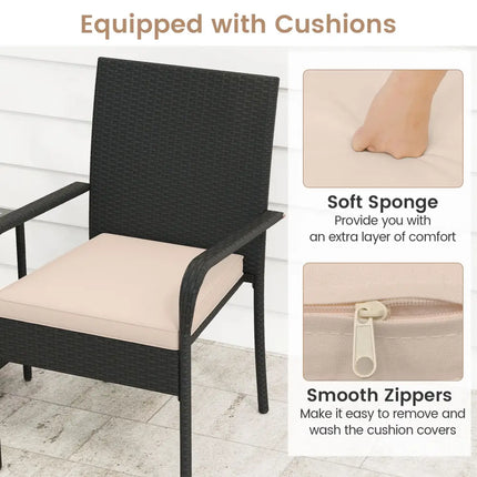 3 Piece Patio Furniture Set with Seat Cushions and Tempered Glass Tabletop-Beige - Beige - Patio Conversation Sets