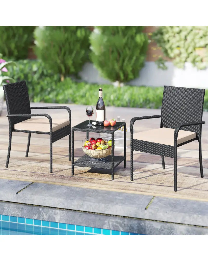 3 Piece Patio Furniture Set with Seat Cushions and Tempered Glass Tabletop-Beige - Beige - Patio Conversation Sets