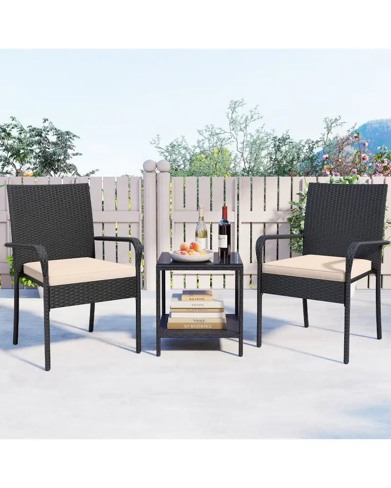 3 Piece Patio Furniture Set with Seat Cushions and Tempered Glass Tabletop-Beige - Beige - Patio Conversation Sets