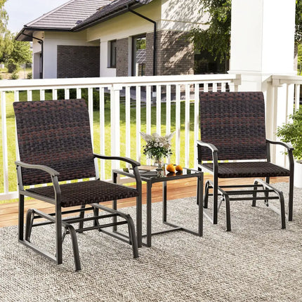 3 Piece Patio Gliding Set with Tempered Glass Coffee Table All Weather-Brown - Brown - Patio Conversation Sets