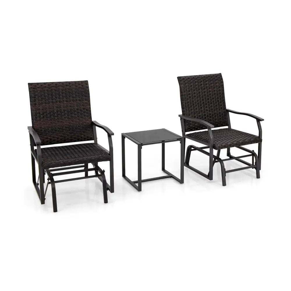 3 Piece Patio Gliding Set with Tempered Glass Coffee Table All Weather-Brown - Brown - Patio Conversation Sets