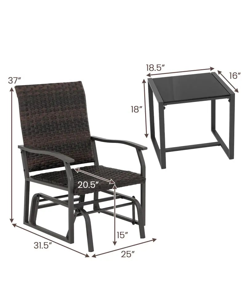 3 Piece Patio Gliding Set with Tempered Glass Coffee Table All Weather-Brown - Brown - Patio Conversation Sets