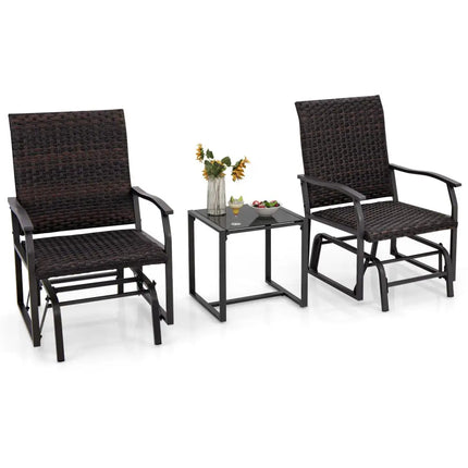 3 Piece Patio Gliding Set with Tempered Glass Coffee Table All Weather-Brown - Brown - Patio Conversation Sets