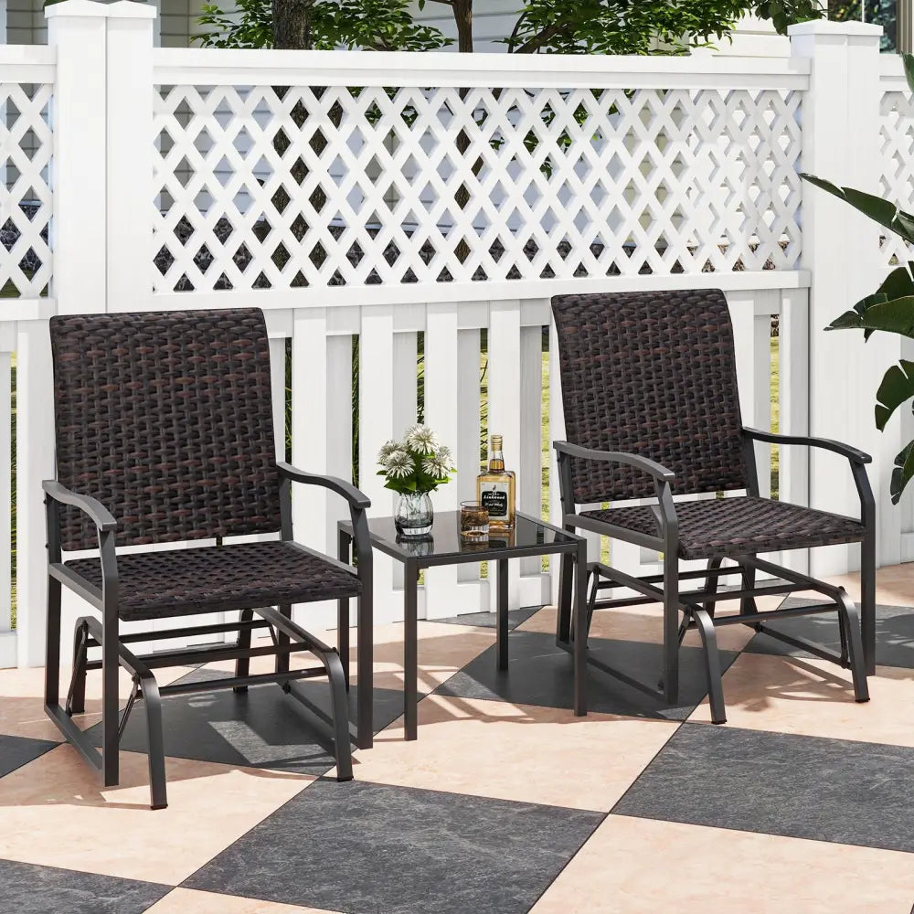 3 Piece Patio Gliding Set with Tempered Glass Coffee Table All Weather-Brown - Brown - Patio Conversation Sets