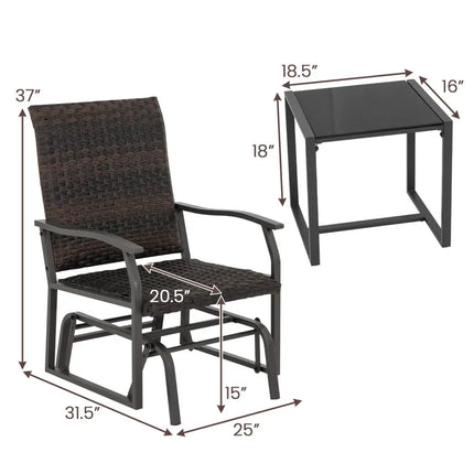 3 Piece Patio Gliding Set with Tempered Glass Coffee Table All Weather-Brown - Brown - Patio Conversation Sets