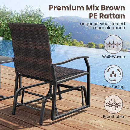 3 Piece Patio Gliding Set with Tempered Glass Coffee Table All Weather-Brown - Brown - Patio Conversation Sets