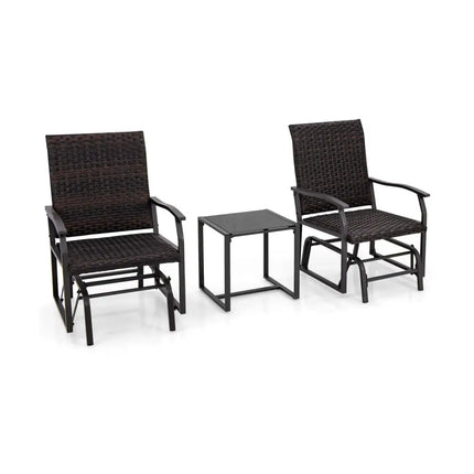 3 Piece Patio Gliding Set with Tempered Glass Coffee Table All Weather-Brown - Brown - Patio Conversation Sets
