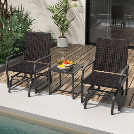 3 Piece Patio Gliding Set with Tempered Glass Coffee Table All Weather-Brown - Brown - Patio Conversation Sets