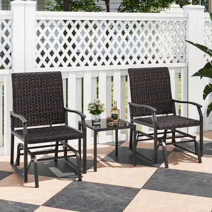 3 Piece Patio Gliding Set with Tempered Glass Coffee Table All Weather-Brown - Brown - Patio Conversation Sets