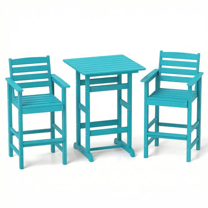 3-Piece Patio HDPE Bar Set with Square High-Top Table for Backyard and Poolside-Turquoise - Turquoise - Patio Furniture