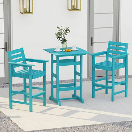 3-Piece Patio HDPE Bar Set with Square High-Top Table for Backyard and Poolside-Turquoise - Turquoise - Patio Furniture