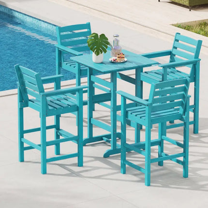 3-Piece Patio HDPE Bar Set with Square High-Top Table for Backyard and Poolside-Turquoise - Turquoise - Patio Furniture