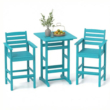 3-Piece Patio HDPE Bar Set with Square High-Top Table for Backyard and Poolside-Turquoise - Turquoise - Patio Furniture