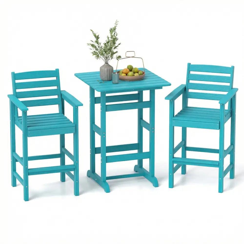 3-Piece Patio HDPE Bar Set with Square High-Top Table for Backyard and Poolside-Turquoise - Turquoise - Patio Bar