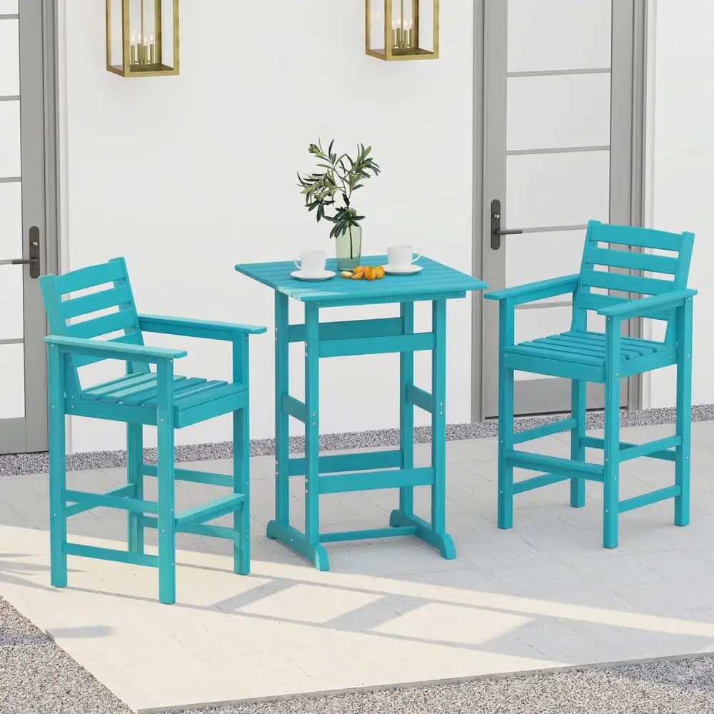 3-Piece Patio HDPE Bar Set with Square High-Top Table for Backyard and Poolside-Turquoise - Turquoise - Patio Bar