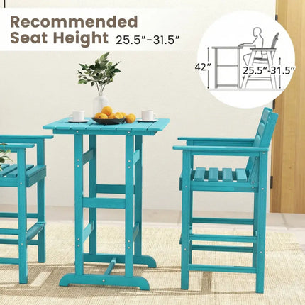 3-Piece Patio HDPE Bar Set with Square High-Top Table for Backyard and Poolside-Turquoise - Turquoise - Patio Furniture