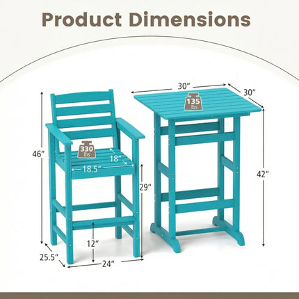 3-Piece Patio HDPE Bar Set with Square High-Top Table for Backyard and Poolside-Turquoise - Turquoise - Patio Furniture