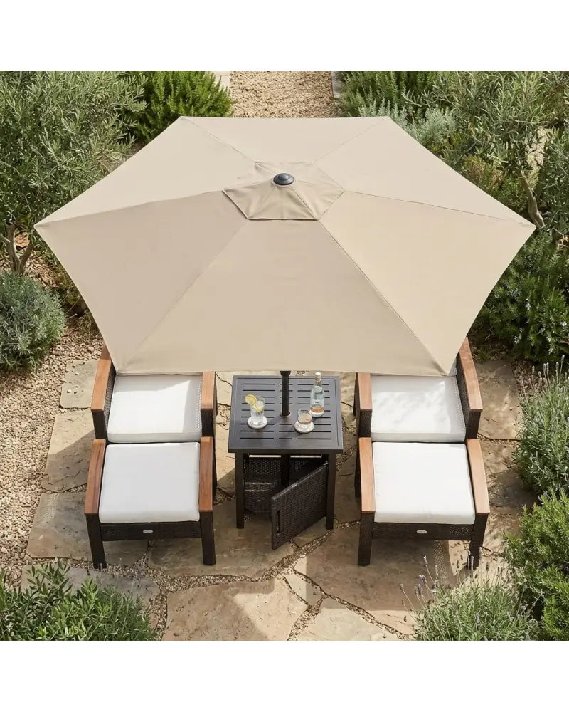 3-Piece Patio Lounge Bundle with 5-Piece PE Rattan Conversation Set Wicker Umbrella Side Table & 7.5 FT Tilt Market