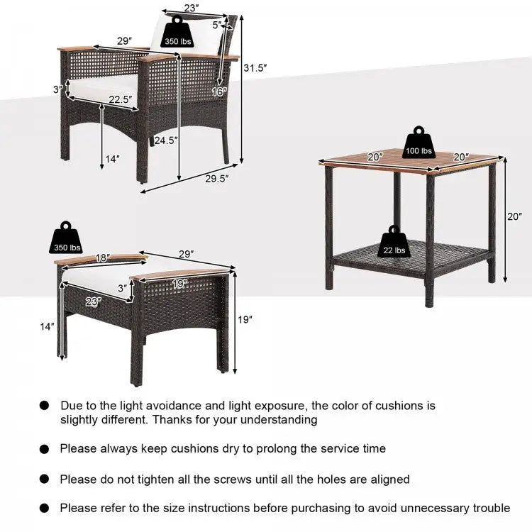 3-Piece Patio Lounge Bundle with 5-Piece PE Rattan Conversation Set Wicker Umbrella Side Table & 7.5 FT Tilt Market