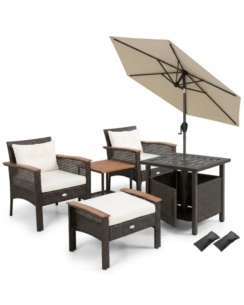 3-Piece Patio Lounge Bundle with 5-Piece PE Rattan Conversation Set Wicker Umbrella Side Table & 7.5 FT Tilt Market