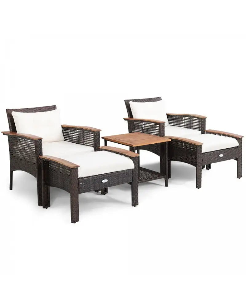 3-Piece Patio Lounge Bundle with 5-Piece PE Rattan Conversation Set Wicker Umbrella Side Table & 7.5 FT Tilt Market