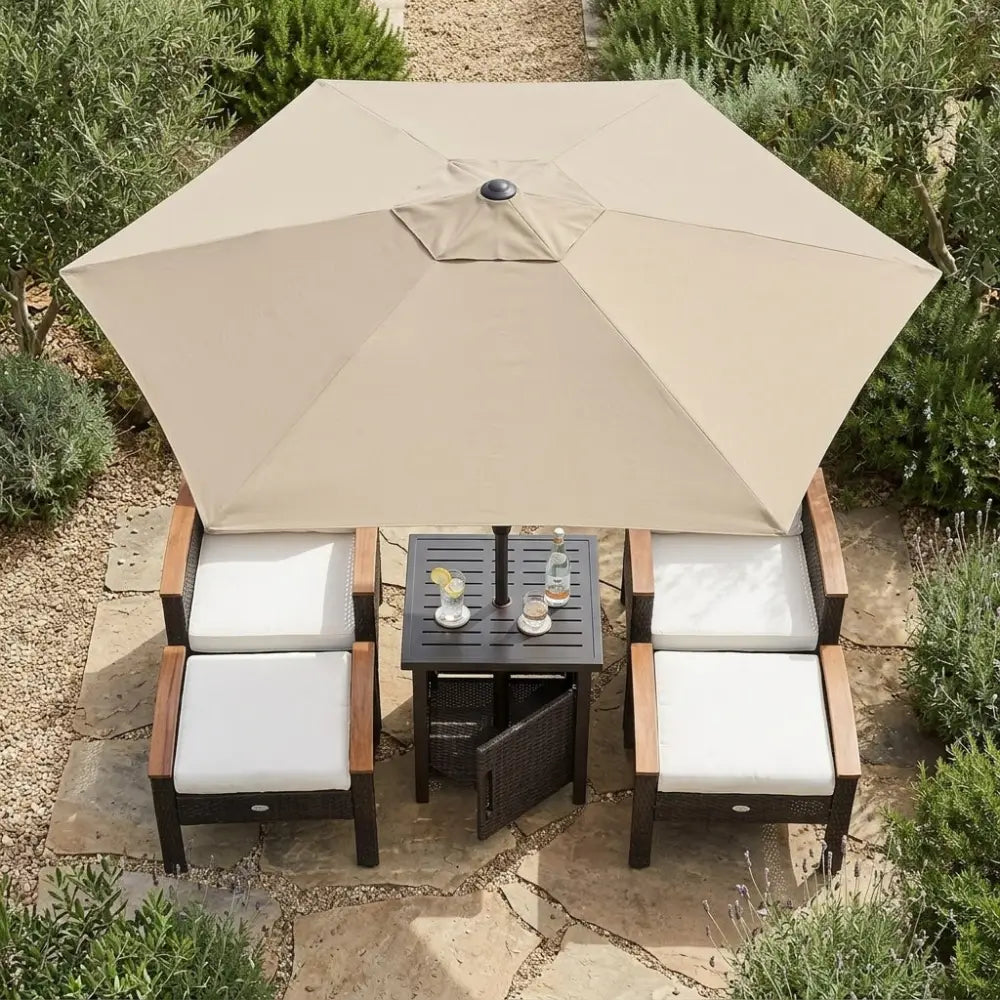 3-Piece Patio Lounge Bundle with 5-Piece PE Rattan Conversation Set Wicker Umbrella Side Table & 7.5 FT Tilt Market