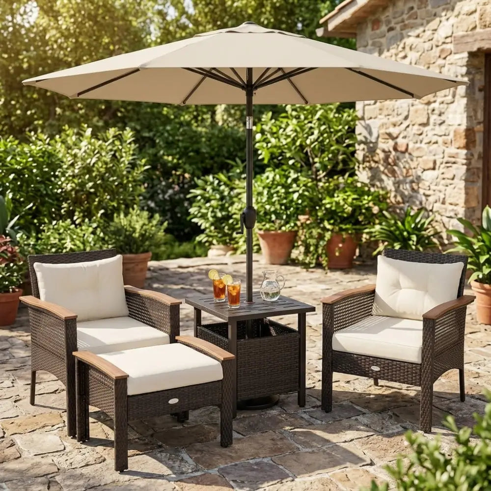 3-Piece Patio Lounge Bundle with 5-Piece PE Rattan Conversation Set Wicker Umbrella Side Table & 7.5 FT Tilt Market