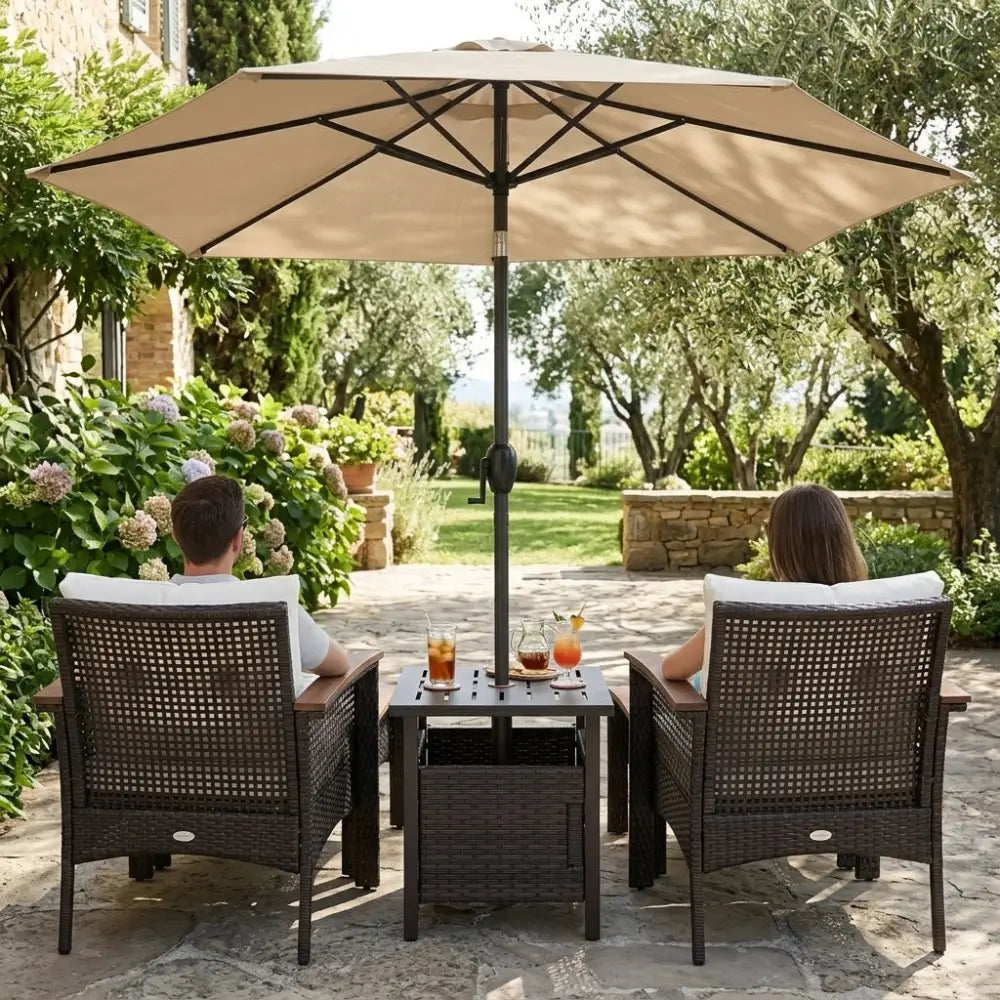 3-Piece Patio Lounge Bundle with 5-Piece PE Rattan Conversation Set Wicker Umbrella Side Table & 7.5 FT Tilt Market