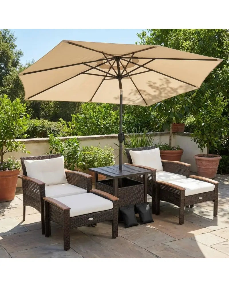 3-Piece Patio Lounge Bundle with 5-Piece PE Rattan Conversation Set Wicker Umbrella Side Table & 7.5 FT Tilt Market