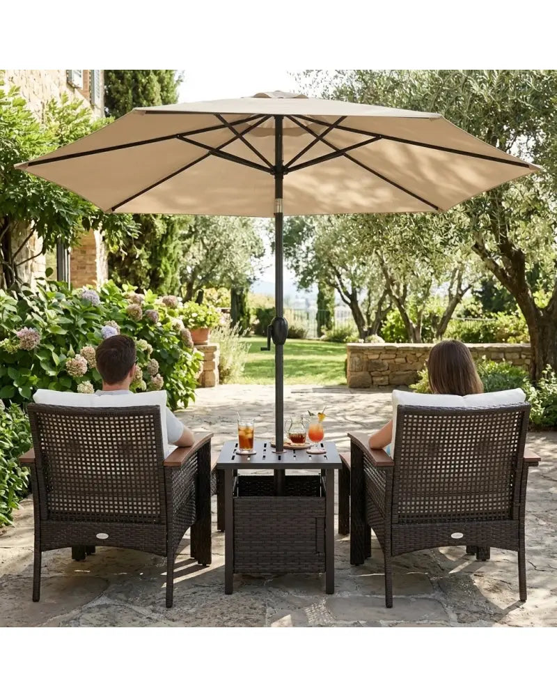 3-Piece Patio Lounge Bundle with 5-Piece PE Rattan Conversation Set Wicker Umbrella Side Table & 7.5 FT Tilt Market